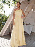 A-Line/Princess Chiffon Ruched One-Shoulder Sleeveless Floor-Length Bridesmaid Dresses Formal Evening Dress