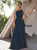 A-Line/Princess Chiffon Ruched One-Shoulder Sleeveless Floor-Length Bridesmaid Dresses Formal Evening Dress