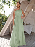 A-Line/Princess Chiffon Ruched One-Shoulder Sleeveless Floor-Length Bridesmaid Dresses Formal Evening Dress