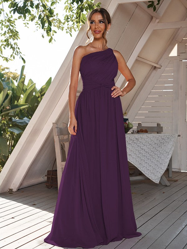 A-Line/Princess Chiffon Ruched One-Shoulder Sleeveless Floor-Length Bridesmaid Dresses Formal Evening Dress