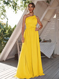 A-Line/Princess Chiffon Ruched One-Shoulder Sleeveless Floor-Length Bridesmaid Dresses Formal Evening Dress