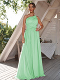 A-Line/Princess Chiffon Ruched One-Shoulder Sleeveless Floor-Length Bridesmaid Dresses Formal Evening Dress