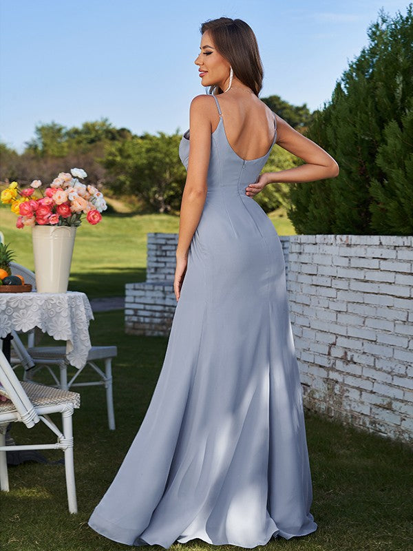 Sheath/Column Chiffon Ruched Spaghetti Straps Sleeveless Floor-Length Bridesmaid Dresses Evening Prom Dress