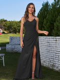 Sheath/Column Chiffon Ruched Spaghetti Straps Sleeveless Floor-Length Bridesmaid Dresses Evening Prom Dress