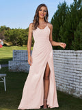 Sheath/Column Chiffon Ruched Spaghetti Straps Sleeveless Floor-Length Bridesmaid Dresses Evening Prom Dress