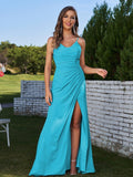 Sheath/Column Chiffon Ruched Spaghetti Straps Sleeveless Floor-Length Bridesmaid Dresses Evening Prom Dress