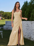 Sheath/Column Chiffon Ruched Spaghetti Straps Sleeveless Floor-Length Bridesmaid Dresses Evening Prom Dress