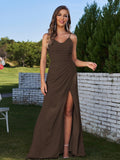 Sheath/Column Chiffon Ruched Spaghetti Straps Sleeveless Floor-Length Bridesmaid Dresses Evening Prom Dress