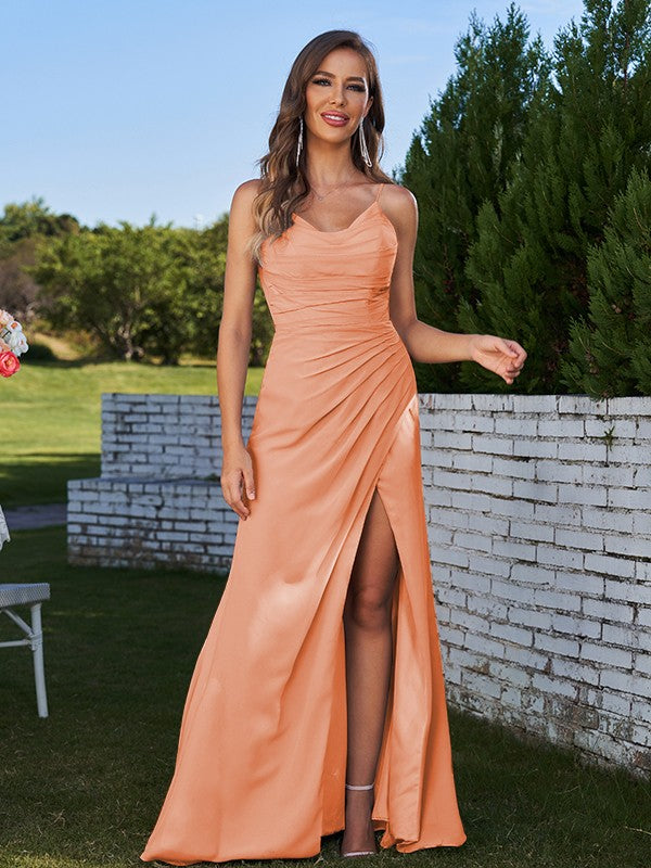 Sheath/Column Chiffon Ruched Spaghetti Straps Sleeveless Floor-Length Bridesmaid Dresses Evening Prom Dress