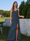 Sheath/Column Chiffon Ruched Spaghetti Straps Sleeveless Floor-Length Bridesmaid Dresses Evening Prom Dress