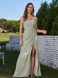 Sheath/Column Chiffon Ruched Spaghetti Straps Sleeveless Floor-Length Bridesmaid Dresses Evening Prom Dress