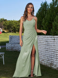 Sheath/Column Chiffon Ruched Spaghetti Straps Sleeveless Floor-Length Bridesmaid Dresses Evening Prom Dress