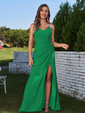 Sheath/Column Chiffon Ruched Spaghetti Straps Sleeveless Floor-Length Bridesmaid Dresses Evening Prom Dress