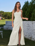 Sheath/Column Chiffon Ruched Spaghetti Straps Sleeveless Floor-Length Bridesmaid Dresses Evening Prom Dress