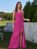 Sheath/Column Chiffon Ruched Spaghetti Straps Sleeveless Floor-Length Bridesmaid Dresses Evening Prom Dress