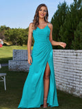 Sheath/Column Chiffon Ruched Spaghetti Straps Sleeveless Floor-Length Bridesmaid Dresses Evening Prom Dress
