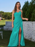 Sheath/Column Chiffon Ruched Spaghetti Straps Sleeveless Floor-Length Bridesmaid Dresses Evening Prom Dress