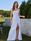 Sheath/Column Chiffon Ruched Spaghetti Straps Sleeveless Floor-Length Bridesmaid Dresses Evening Prom Dress