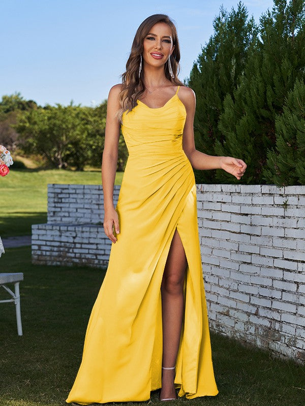 Sheath/Column Chiffon Ruched Spaghetti Straps Sleeveless Floor-Length Bridesmaid Dresses Evening Prom Dress