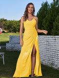 Sheath/Column Chiffon Ruched Spaghetti Straps Sleeveless Floor-Length Bridesmaid Dresses Evening Prom Dress