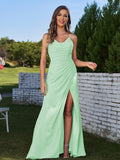 Sheath/Column Chiffon Ruched Spaghetti Straps Sleeveless Floor-Length Bridesmaid Dresses Evening Prom Dress