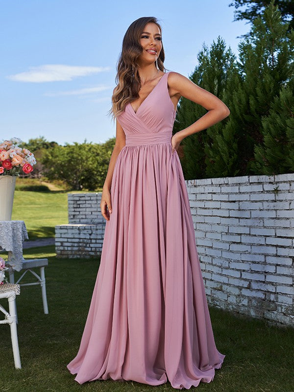 A-Line/Princess Chiffon Ruched V-neck Sleeveless Sweep/Brush Train Bridesmaid Dresses Formal Evening Prom Gowns