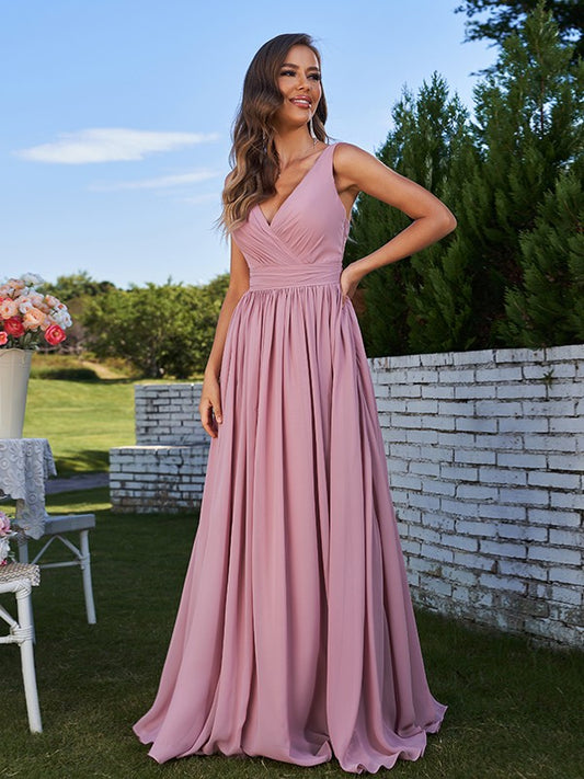 A-Line/Princess Chiffon Ruched V-neck Sleeveless Sweep/Brush Train Bridesmaid Dresses Formal Evening Prom Gowns