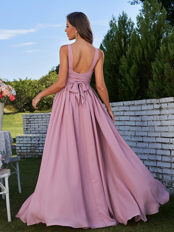 A-Line/Princess Chiffon Ruched V-neck Sleeveless Sweep/Brush Train Bridesmaid Dresses Formal Evening Prom Gowns