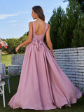 A-Line/Princess Chiffon Ruched V-neck Sleeveless Sweep/Brush Train Bridesmaid Dresses Formal Evening Prom Gowns
