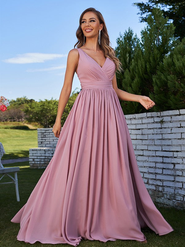 A-Line/Princess Chiffon Ruched V-neck Sleeveless Sweep/Brush Train Bridesmaid Dresses Formal Evening Prom Gowns