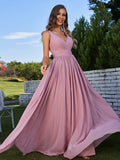 A-Line/Princess Chiffon Ruched V-neck Sleeveless Sweep/Brush Train Bridesmaid Dresses Formal Evening Prom Gowns