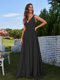 A-Line/Princess Chiffon Ruched V-neck Sleeveless Sweep/Brush Train Bridesmaid Dresses Formal Evening Prom Gowns