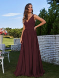 A-Line/Princess Chiffon Ruched V-neck Sleeveless Sweep/Brush Train Bridesmaid Dresses Formal Evening Prom Gowns
