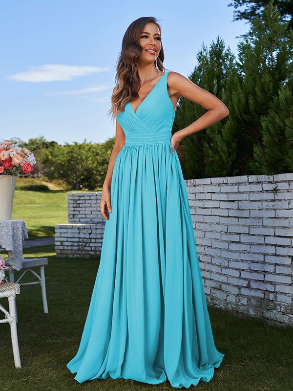 A-Line/Princess Chiffon Ruched V-neck Sleeveless Sweep/Brush Train Bridesmaid Dresses Formal Evening Prom Gowns