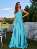 A-Line/Princess Chiffon Ruched V-neck Sleeveless Sweep/Brush Train Bridesmaid Dresses Formal Evening Prom Gowns