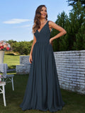 A-Line/Princess Chiffon Ruched V-neck Sleeveless Sweep/Brush Train Bridesmaid Dresses Formal Evening Prom Gowns