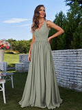 A-Line/Princess Chiffon Ruched V-neck Sleeveless Sweep/Brush Train Bridesmaid Dresses Formal Evening Prom Gowns