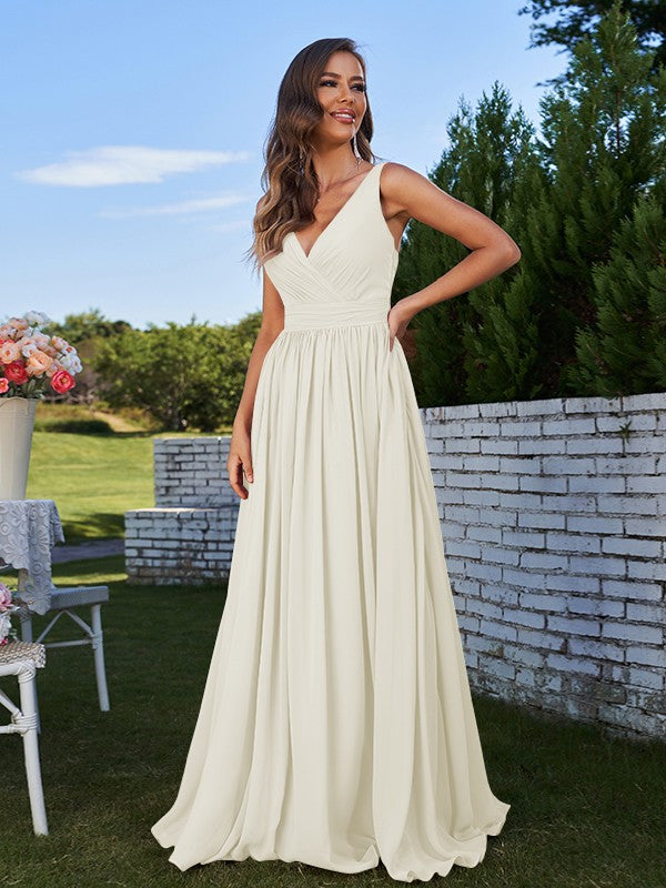 A-Line/Princess Chiffon Ruched V-neck Sleeveless Sweep/Brush Train Bridesmaid Dresses Formal Evening Prom Gowns