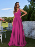 A-Line/Princess Chiffon Ruched V-neck Sleeveless Sweep/Brush Train Bridesmaid Dresses Formal Evening Prom Gowns