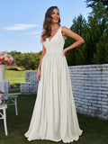 A-Line/Princess Chiffon Ruched V-neck Sleeveless Sweep/Brush Train Bridesmaid Dresses Formal Evening Prom Gowns