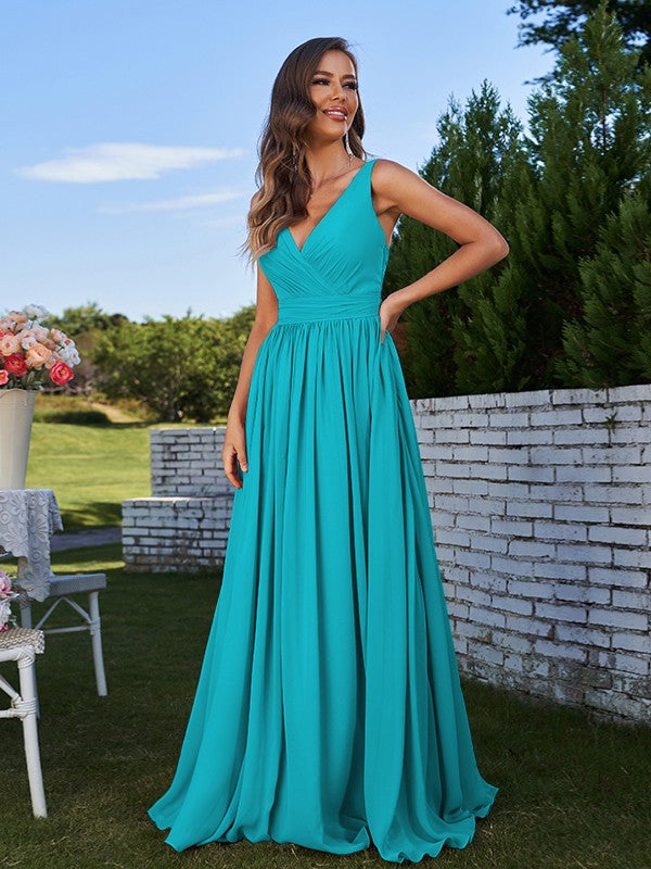 A-Line/Princess Chiffon Ruched V-neck Sleeveless Sweep/Brush Train Bridesmaid Dresses Formal Evening Prom Gowns