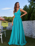 A-Line/Princess Chiffon Ruched V-neck Sleeveless Sweep/Brush Train Bridesmaid Dresses Formal Evening Prom Gowns