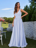 A-Line/Princess Chiffon Ruched V-neck Sleeveless Sweep/Brush Train Bridesmaid Dresses Formal Evening Prom Gowns