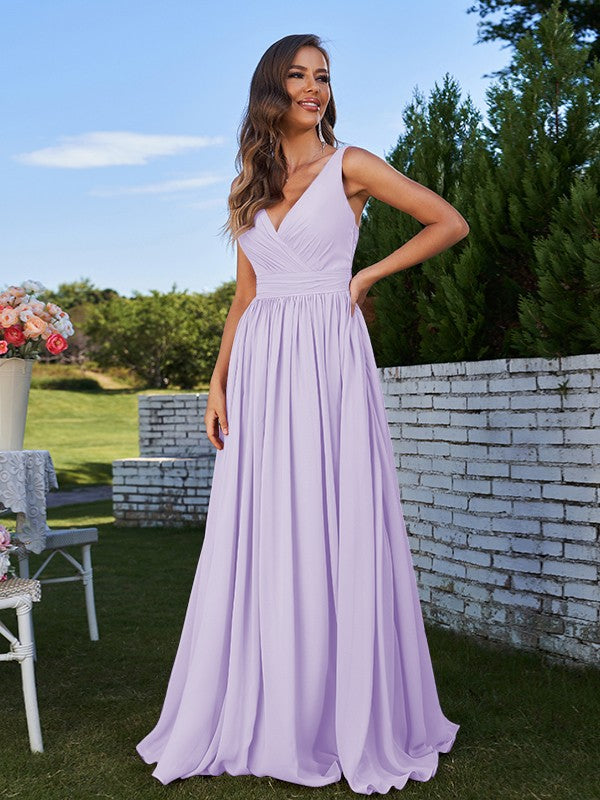 A-Line/Princess Chiffon Ruched V-neck Sleeveless Sweep/Brush Train Bridesmaid Dresses Formal Evening Prom Gowns