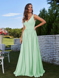 A-Line/Princess Chiffon Ruched V-neck Sleeveless Sweep/Brush Train Bridesmaid Dresses Formal Evening Prom Gowns