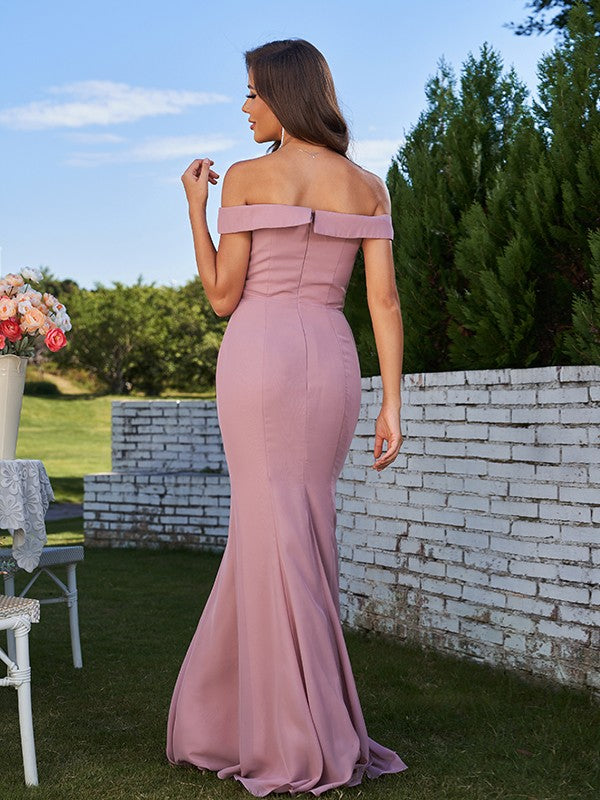 Sheath/Column Chiffon Ruched Off-the-Shoulder Sleeveless Sweep/Brush Train Bridesmaid Dresses Evening Dress