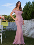 Sheath/Column Chiffon Ruched Off-the-Shoulder Sleeveless Sweep/Brush Train Bridesmaid Dresses Evening Dress