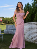 Sheath/Column Chiffon Ruched Off-the-Shoulder Sleeveless Sweep/Brush Train Bridesmaid Dresses Evening Dress