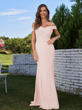 Sheath/Column Chiffon Ruched Off-the-Shoulder Sleeveless Sweep/Brush Train Bridesmaid Dresses Evening Dress