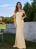Sheath/Column Chiffon Ruched Off-the-Shoulder Sleeveless Sweep/Brush Train Bridesmaid Dresses Evening Dress
